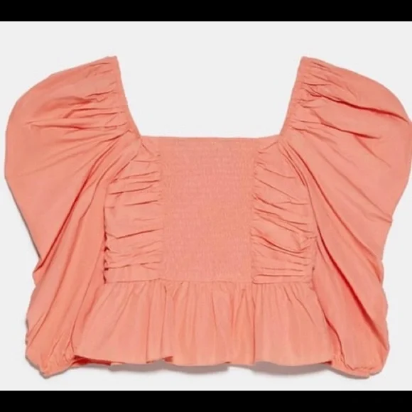 NWOT ZARA RUFFLE TRIM CORAL VOLUMINOUS TOP - Picture 4 of 5